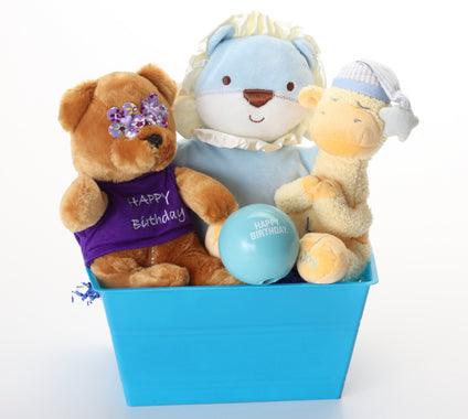 Upcycled "Happy Birthday" Blue Plush Dog Gift Basket (3 Sizes)