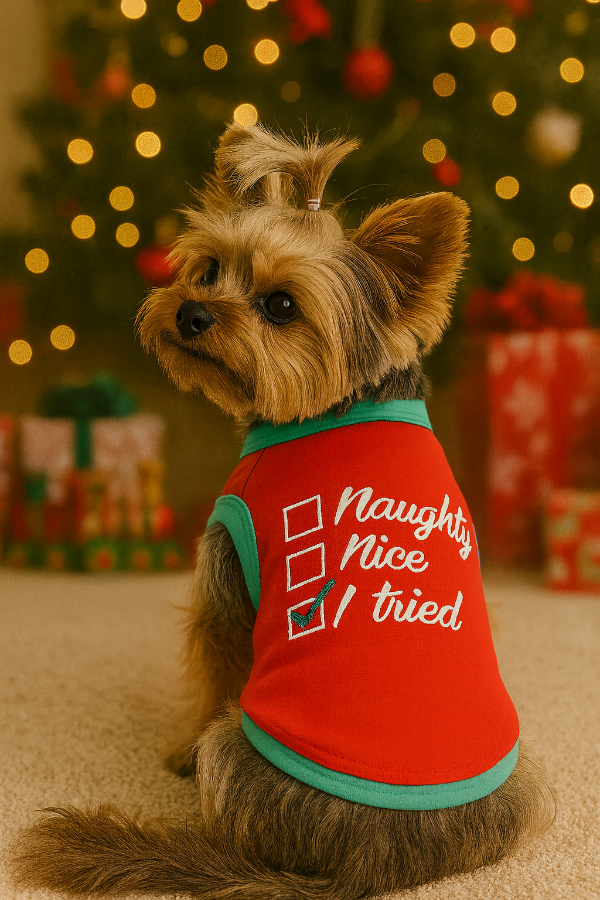 Dog wearing a red shirt with text in front of a Christmas tree and presents