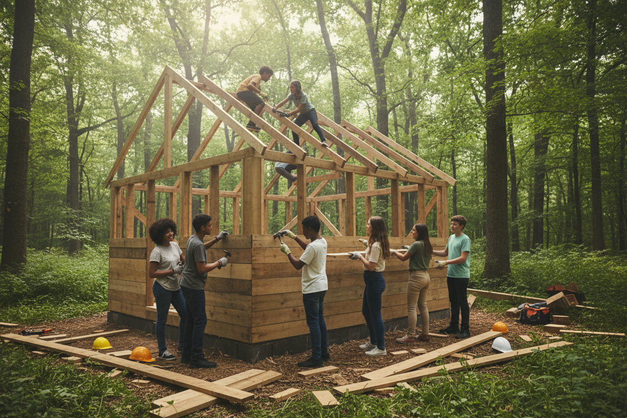 Teenagers building a cabin in a wooded area