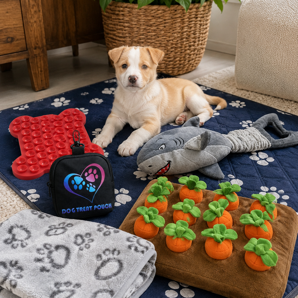 Puppy lying on a blue mat with toys and treats in a home setting