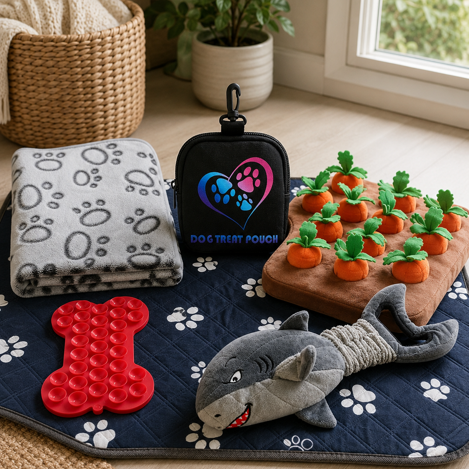 We Just Got Each Other Kit for dogs — new dog starter bundle with bed, blanket, snuffle mat, lick pad, treat pouch, pee pads, and plush toy — LURE Wellness